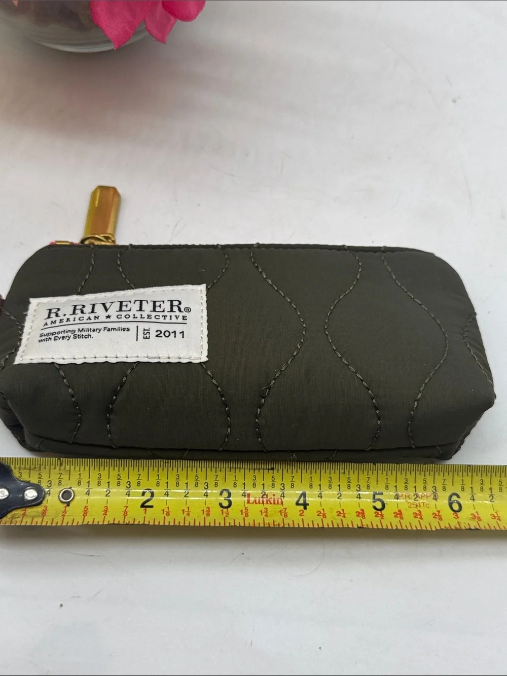 Olive Quilted Key Pouch with Pink Zipper